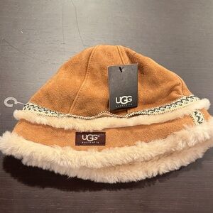 Kids UGG Tan Shearling Bucket Hat with Fur Trim Embroidered, NWT O/S
